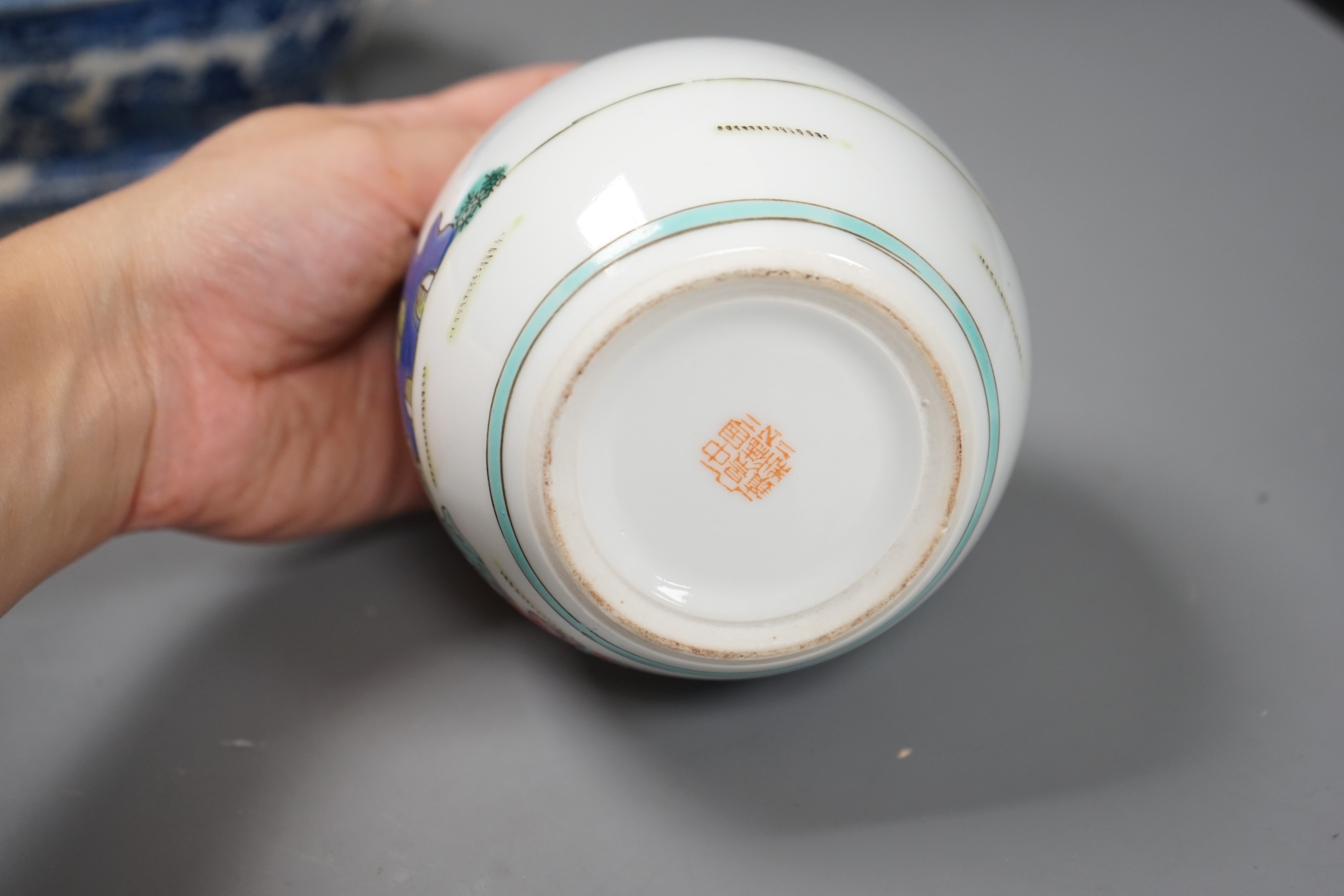 A Chinese famille rose jar and cover, another jar and two English pottery pieces
